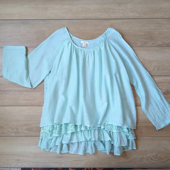 Sundance Blue Lightweight Layered Ruffle Lace Silk Blouse Size Large - Picture 1 of 9